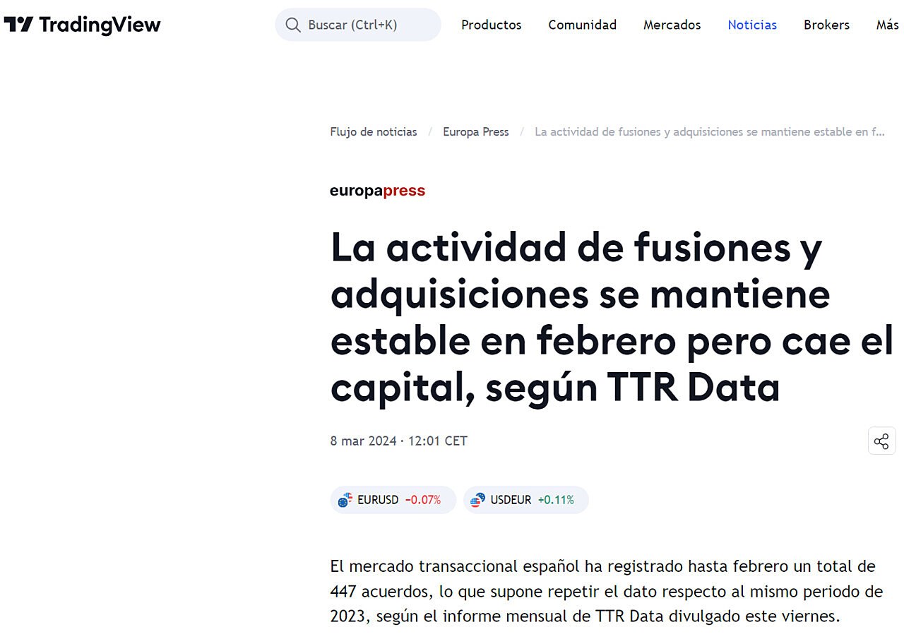 La actividad de fusiones y adquisiciones se mantiene estable en febrero pero cae el capital, segn TTR Data